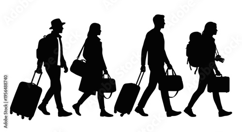 Black silhouettes of travelers walking with suitcases and bags isolated on white background
