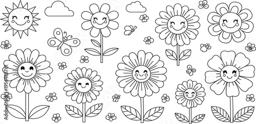 Cute Smiling Flowers Coloring Page with Sun, Butterflies, and Garden Elements in Simple Line Art Style for Kids Activity, Education, and Printable Design