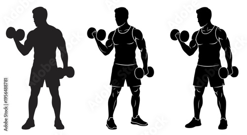 Set of black silhouettes of a muscular man training with dumbbells isolated on white background