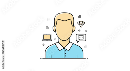 Cartoon man with speech bubble icons.