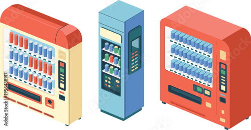 Isometric vending machines with beverage cans digital payment panels and automated retail concept for modern public service vector illustration