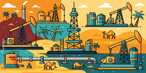 Desert Oil Industry Illustration with Pumpjacks, Refineries, and Industrial Equipment in Arid Landscape Featuring Camels, Energy Production, Petroleum Extraction, and Fossil Fuel Concept Design