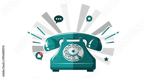 Vintage turquoise rotary telephone with modern communication notification elements illustration