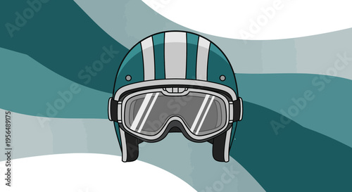 Vintage styled motorcycle helmet graphic with retro racing stripes design against abstract