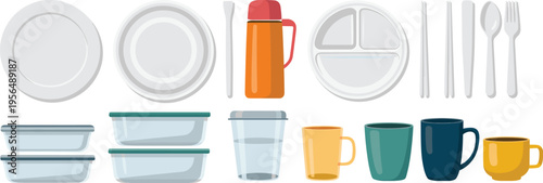 Kitchen tableware set with plates containers cups cutlery and thermos for food storage dining and meal preparation vector illustration