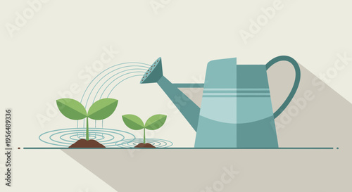 Watering can irrigating young seedlings illustration signifying growth and nurturing concept