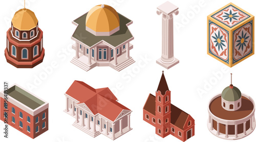 Isometric, classical, architecture, set, buildings, dome, column, temple, church, heritage, historic, culture, illustration, vector, 3D, design, landmark, ancient, structure, concept