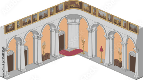 Isometric, classical, architecture, interior, palace, hall, arches, columns, gallery, paintings, museum, luxury, historic, design, 3D, illustration, elegant, corridor, antique, decor