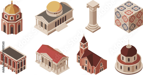Isometric, classical, architecture, set, buildings, historic, columns, temple, church, dome, heritage, culture, illustration, vector, 3D, design, landmark, ancient, structure, concept