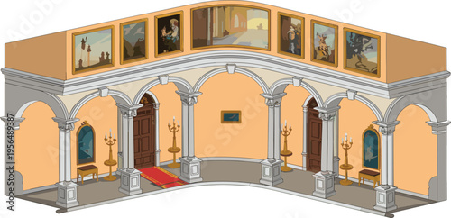 Isometric, classical, gallery, interior, architecture, arches, columns, museum, paintings, exhibition, luxury, historic, hall, elegant, design, 3D, illustration, ornate, corridor, decor