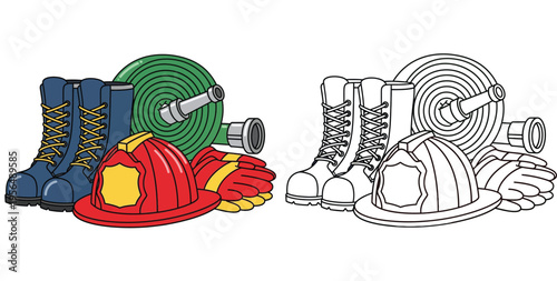 Firefighter Equipment Set with Helmet Boots Hose and Gloves Illustration, Colored and Line Art Versions for Kids Coloring Page and Education