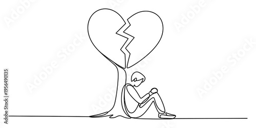 Continuous line drawing of a lonely man sitting under a tree shaped like a broken heart. Vector, illustration