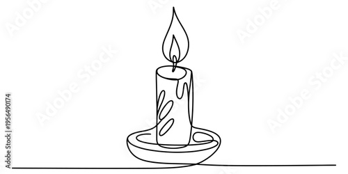 Minimalist continuous line drawing of a burning candle in a holder on a simple horizontal base Vector, illustration