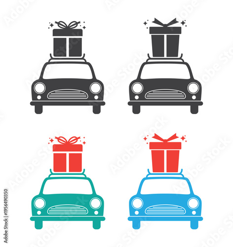 Retro style car with gift box on roof trunk icon