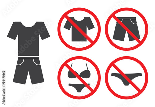 Warning sign forbidden wear bikini and t-shirt with shorts icon