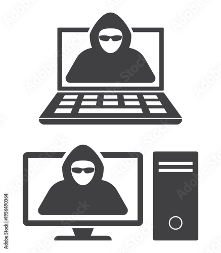 hacker man inside laptop and desktop computer monitor icon.