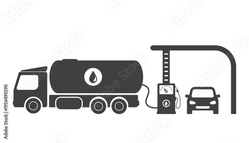 Oil and fuel transportation tanker truck refueling on gas station icon