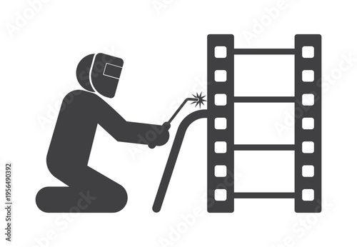 Welder welding metal construction in mask icon