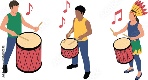People playing drums, musicians performing percussion music, colorful characters with instruments, isometric vector illustration isolated modern design concept