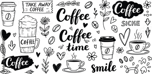Hand Drawn Coffee Doodle Set with Cups, Beans, Lettering Quotes, and Decorative Elements for Cafe Design, Menu Graphics, Branding, and Takeaway Beverage Illustrations