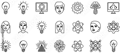 Black and white line icon set featuring light bulbs gears atomic structures faces and technology symbols representing creativity science and innovation