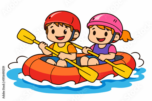 Two smiling children paddle an inflatable raft through water in a bright cartoon scene. Summer teamwork, outdoor adventure and active vacation concept.