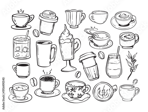 Hand drawn different coffee cups doodles set 