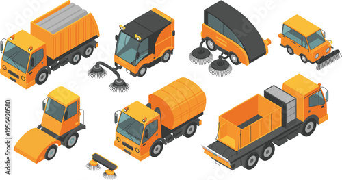 Street, cleaning, vehicles, sweeper, truck, sanitation, maintenance, road, service, equipment, urban, cleanup, transport, machine, municipal, infrastructure, isometric, illustration, set, fleet