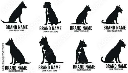 Collection of dog silhouette logo designs with brand name text, pet business identity, creative canine branding template illustration