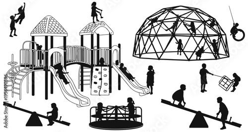 Black silhouette illustration of children playing on playground equipment including slides swings seesaws climbing structures and jungle gym activity
