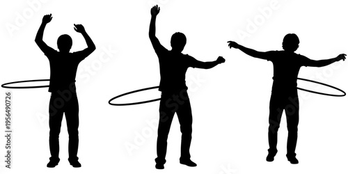 "Black silhouette figures performing hula hoop exercise with dynamic poses, fitness activity, balance training, and healthy lifestyle vector illustration"