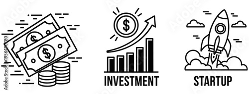 Business finance illustration showing money stacks, investment growth bar chart with dollar coin, and startup rocket launch concept design