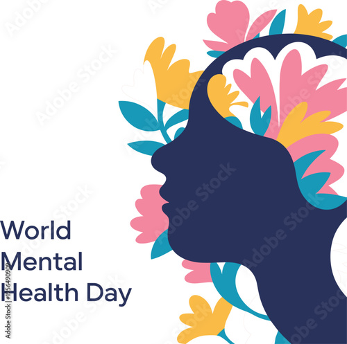 World Mental Health Day concept with woman profile silhouette, blooming flowers and psychological wellness