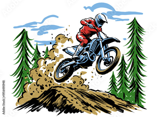 Motocross adventure design. Dirt bike jumping artwork for t shirt. Extreme racing poster. Forest motorcycle sketch. Mountain bike tour logo design.