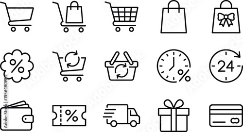 Black line icon set for e-commerce shopping including carts gift bags discount coupons delivery trucks credit cards and retail symbols