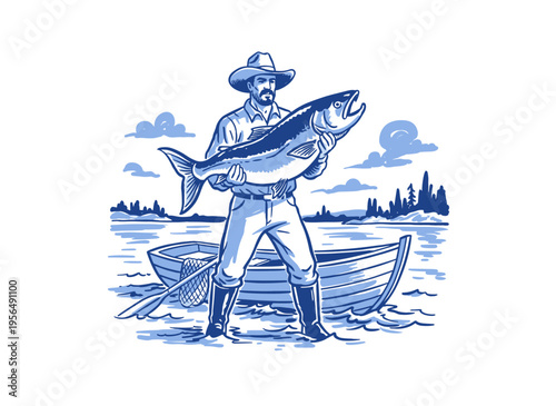Fishing vintage artwork for t shirt. Fisherman with big fish illustration. Outdoor adventure apparel design. Lake life graphic. Catch of the day.