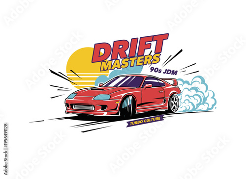 Sport car drift design. 90s JDM racing artwork. Turbo culture graphic for t shirt, poster, sticker. Retro speed racing. Fast wheels challenge.