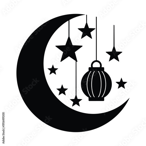 Moon and stars with lantern silhouette for night or holiday decoration