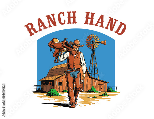 Retro style ranch hand cowboy. Western vintage artwork for t shirt. Cowboy with saddle and barn. Rodeo design. Country life graphic print.