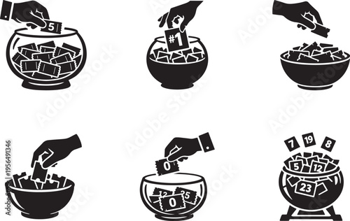 Raffle icon set with random ticket draw and prize giveaway concept vector isolated on white.