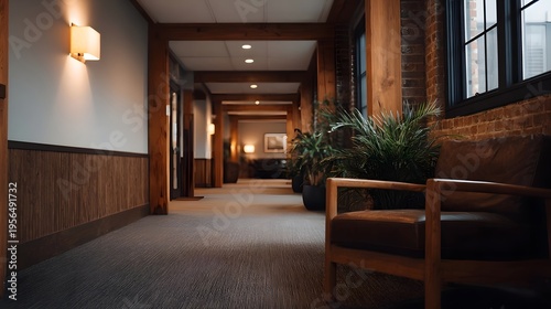 A warm and inviting interior hallway featuring exposed wooden beams plush seating and lush greenery