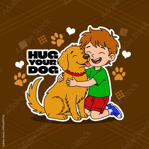 Sticker art and t-shirt design cartoon illustration of a happy boy hugging his beloved golden retriever amidst hearts and paw prints on a dark brown background. National Hug a Dog Day, April 10th. .