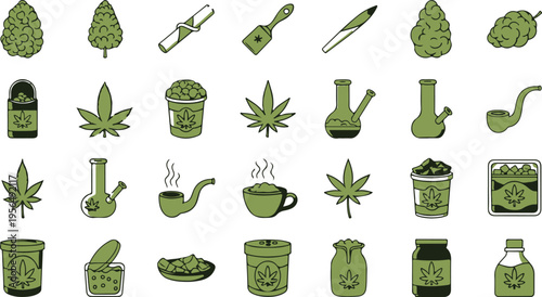 Flat lay collection of cannabis products and accessories on green background for wellness and lifestyle