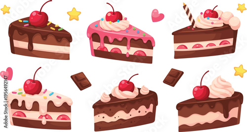 Colorful Cake Slice Illustration Set with Chocolate, Cherry Topping, Cream, and Sprinkles for Sweet Treats, Desserts, and Bakery Designs