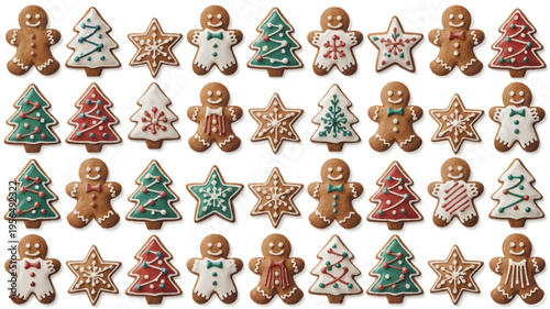 Assorted Christmas cookies with icing decorations on white background