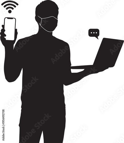Man in Face Mask Holding Smartphone and Laptop with Wi-Fi and Chat Icons