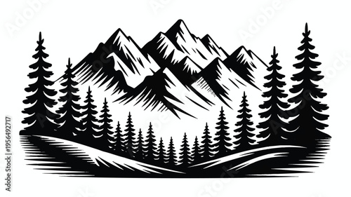 black and white mountain landscape with pine trees and hills