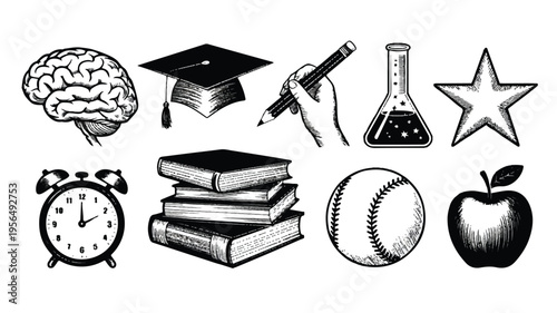 Black and white illustrations of education and school supplies