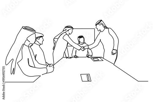 One  line drawing of young happy muslim manager do presentation at team meeting. 