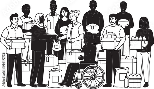 Diverse Group of People Sharing Food and Supplies